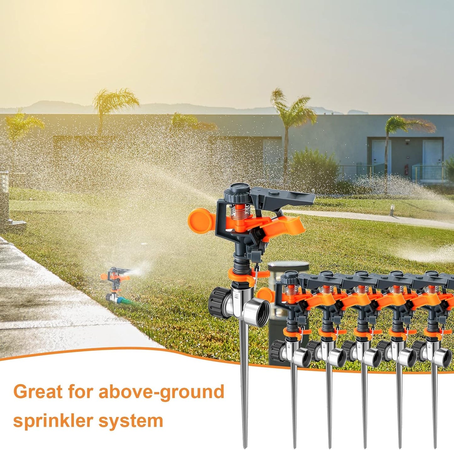 12 Pack Pulsating Sprinklers with Metal Spike, 360° Adjustable Rotating Impact Sprinkler Large Area Coverage Sprinklers for Yard Lawn Garden Above Ground Sprinkler System (Black and Orange)