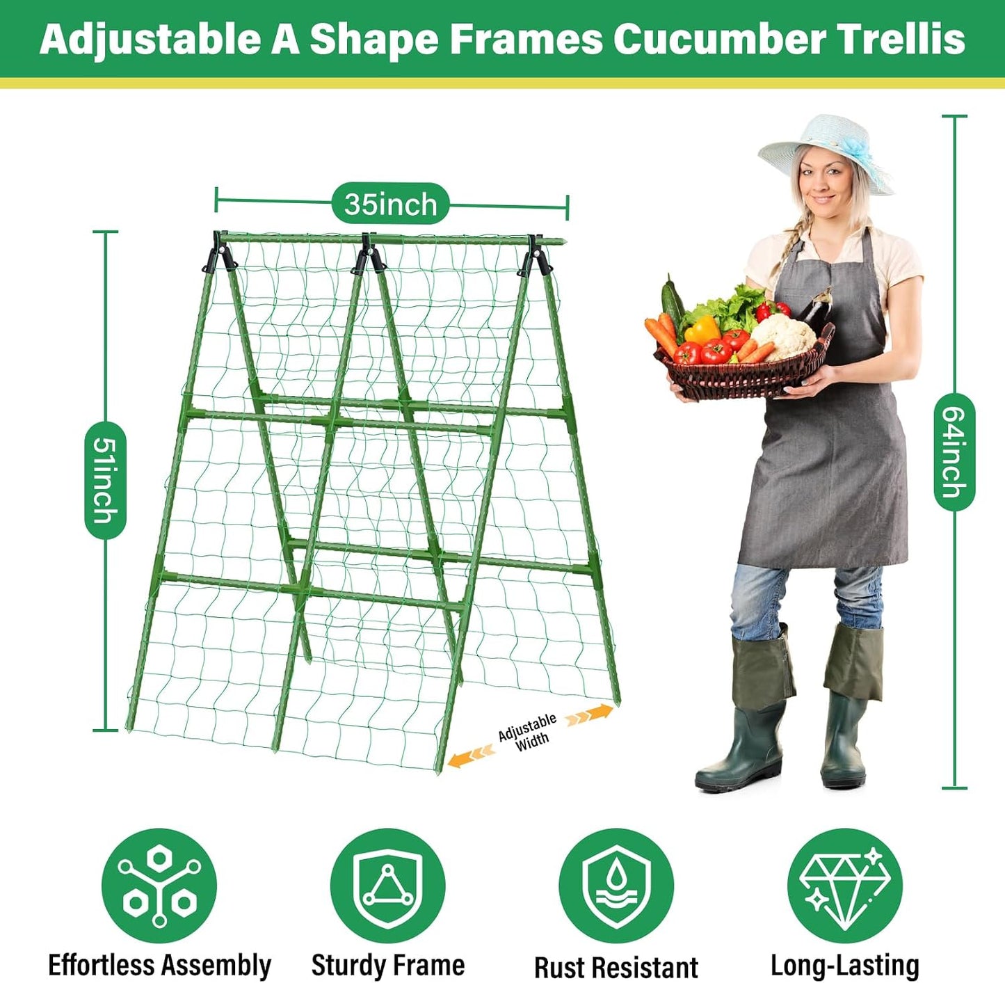 2Pack 51x35Inch Cucumber Trellis for Raised Bed, Adjustable A-Frame Garden Trellis for Climbing Plants Outdoor with Climbing Net, Meal Plant Trellis for Vegetables Pea Bean Tomato Squash Grape
