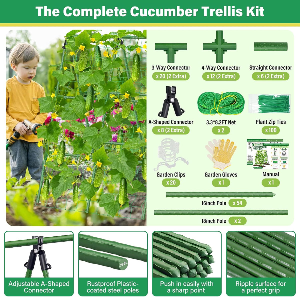2Pack 51x35Inch Cucumber Trellis for Raised Bed, Adjustable A-Frame Garden Trellis for Climbing Plants Outdoor with Climbing Net, Meal Plant Trellis for Vegetables Pea Bean Tomato Squash Grape