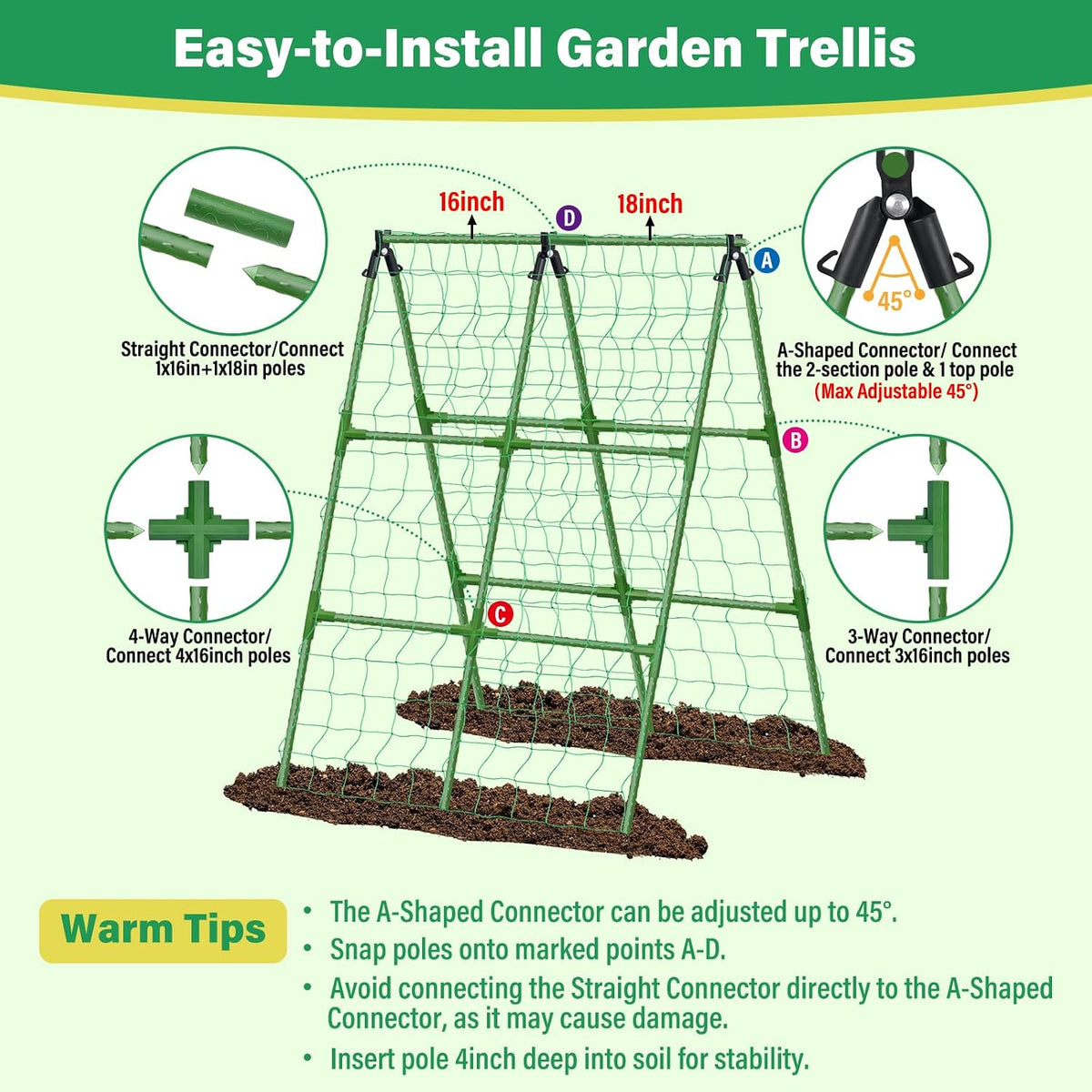 2Pack 51x35Inch Cucumber Trellis for Raised Bed, Adjustable A-Frame Garden Trellis for Climbing Plants Outdoor with Climbing Net, Meal Plant Trellis for Vegetables Pea Bean Tomato Squash Grape
