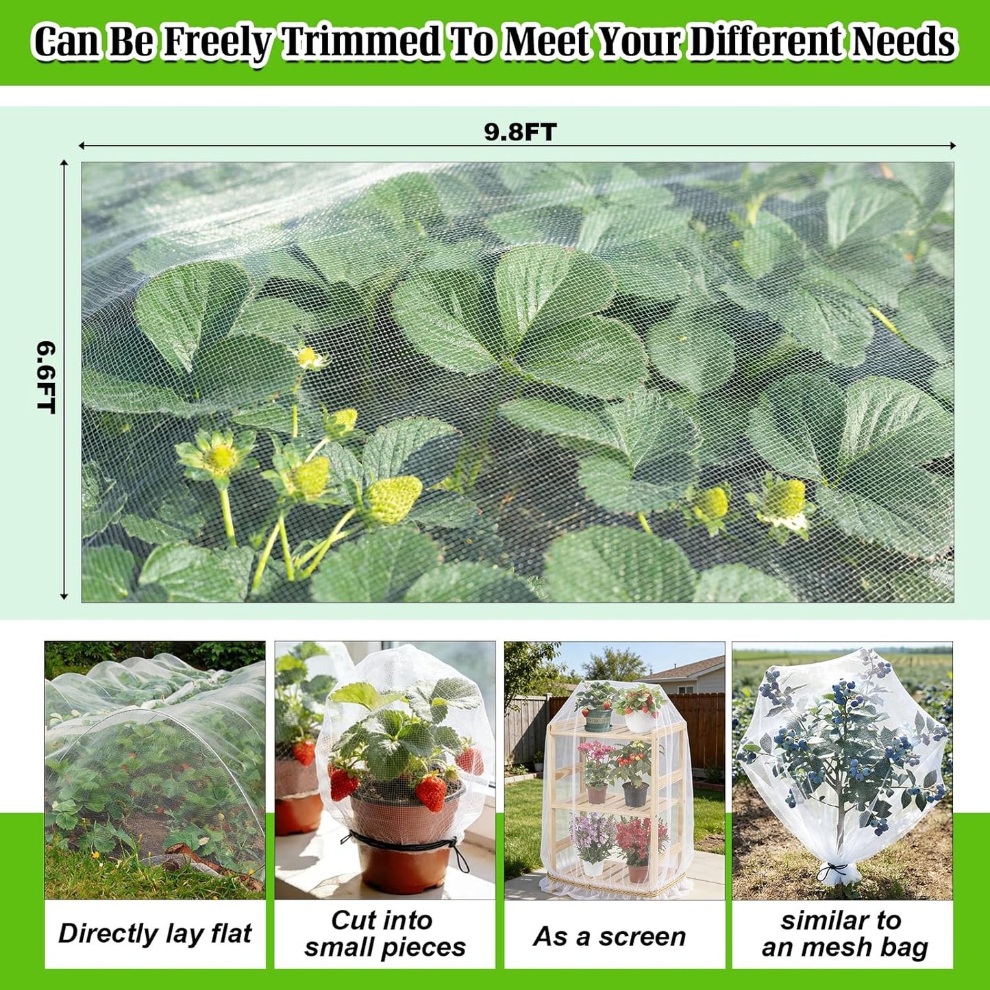 Garden Netting for Strawberry Plants,6.5'x10' HDPE Fine Strawberry Bird Netting for Raised Bed Row Cover Screen Mesh Net,Protecting Plant Mesh Cover for Fruit Tree Vegetable Flowers (6.5'x10')