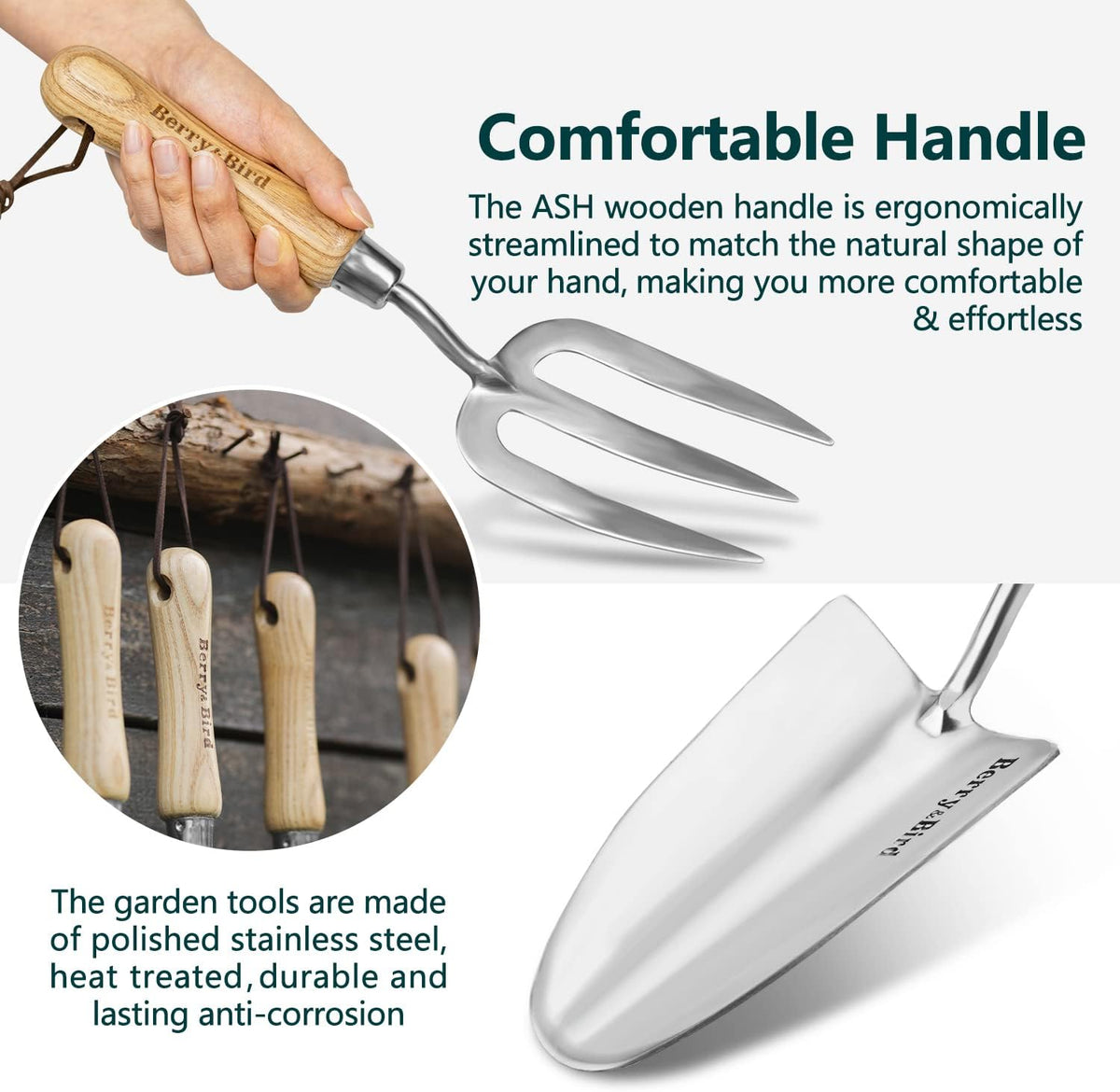 Gardening Hand Tool Set - 3PCS Stainless Steel Garden Tool Kit Multifunctional Tool with Wooden Handle Trowel, Fork & Weeder for Weeding Planting Transplant, Ideal Garden Gift for Women&Men