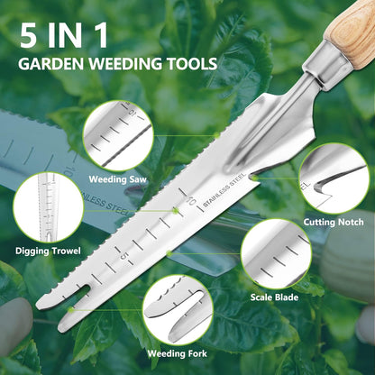 Gardening Hand Tool Set - 3PCS Stainless Steel Garden Tool Kit Multifunctional Tool with Wooden Handle Trowel, Fork & Weeder for Weeding Planting Transplant, Ideal Garden Gift for Women&Men