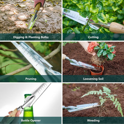 Gardening Hand Tool Set - 3PCS Stainless Steel Garden Tool Kit Multifunctional Tool with Wooden Handle Trowel, Fork & Weeder for Weeding Planting Transplant, Ideal Garden Gift for Women&Men