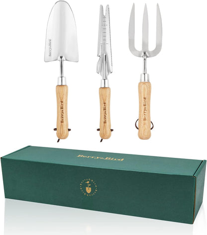 Gardening Hand Tool Set - 3PCS Stainless Steel Garden Tool Kit Multifunctional Tool with Wooden Handle Trowel, Fork & Weeder for Weeding Planting Transplant, Ideal Garden Gift for Women&Men