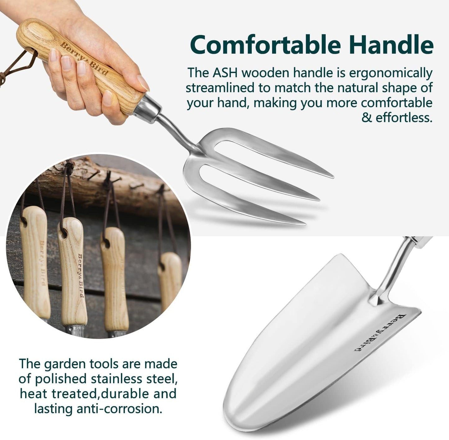 Gardening Hand Tool Set - 3PCS Stainless Steel Garden Tool Kit Multifunctional Tool with Wooden Handle Trowel, Fork & Weeder for Weeding Planting Transplant, Ideal Garden Gift for Women&Men