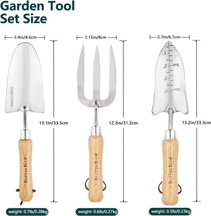 Gardening Hand Tool Set - 3PCS Stainless Steel Garden Tool Kit Multifunctional Tool with Wooden Handle Trowel, Fork & Weeder for Weeding Planting Transplant, Ideal Garden Gift for Women&Men