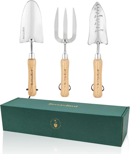 Gardening Hand Tool Set - 3PCS Stainless Steel Garden Tool Kit Multifunctional Tool with Wooden Handle Trowel, Fork & Weeder for Weeding Planting Transplant, Ideal Garden Gift for Women&Men