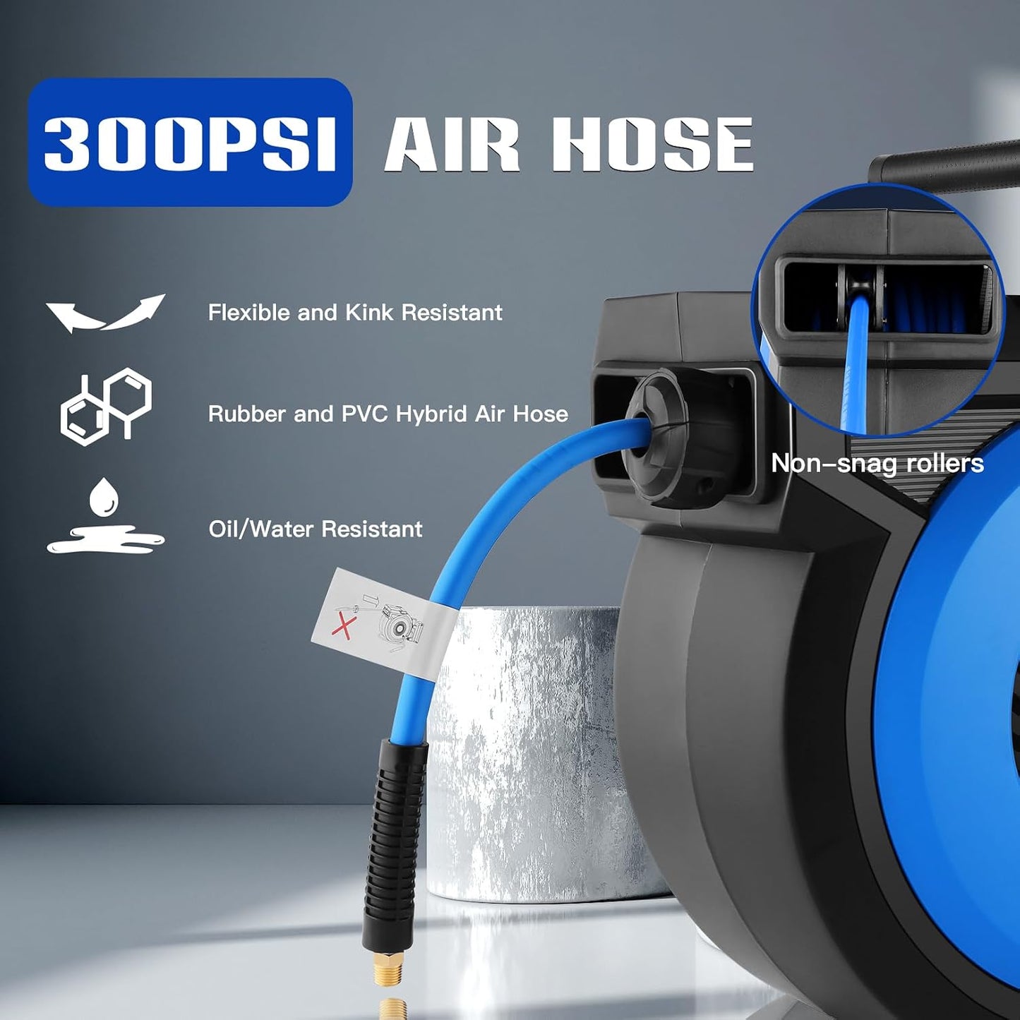 80FT + 6.5FT Retractable Air Hose Reel, Wall Mount Pneumatic Hose Reel for Garage Workshop, Automatic Rewind, 3/8" x 80' Hybrid Air Hose with Brass Fittings + Bend Restrictors, 300PSI