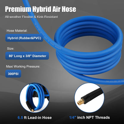 80FT + 6.5FT Retractable Air Hose Reel, Wall Mount Pneumatic Hose Reel for Garage Workshop, Automatic Rewind, 3/8" x 80' Hybrid Air Hose with Brass Fittings + Bend Restrictors, 300PSI