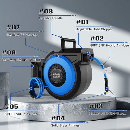 80FT + 6.5FT Retractable Air Hose Reel, Wall Mount Pneumatic Hose Reel for Garage Workshop, Automatic Rewind, 3/8" x 80' Hybrid Air Hose with Brass Fittings + Bend Restrictors, 300PSI