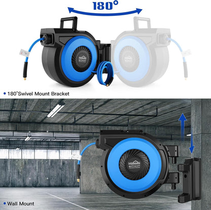 80FT + 6.5FT Retractable Air Hose Reel, Wall Mount Pneumatic Hose Reel for Garage Workshop, Automatic Rewind, 3/8" x 80' Hybrid Air Hose with Brass Fittings + Bend Restrictors, 300PSI