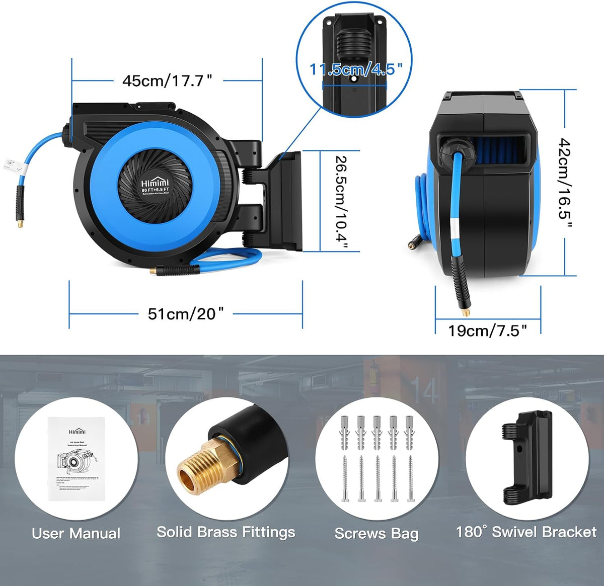 80FT + 6.5FT Retractable Air Hose Reel, Wall Mount Pneumatic Hose Reel for Garage Workshop, Automatic Rewind, 3/8" x 80' Hybrid Air Hose with Brass Fittings + Bend Restrictors, 300PSI