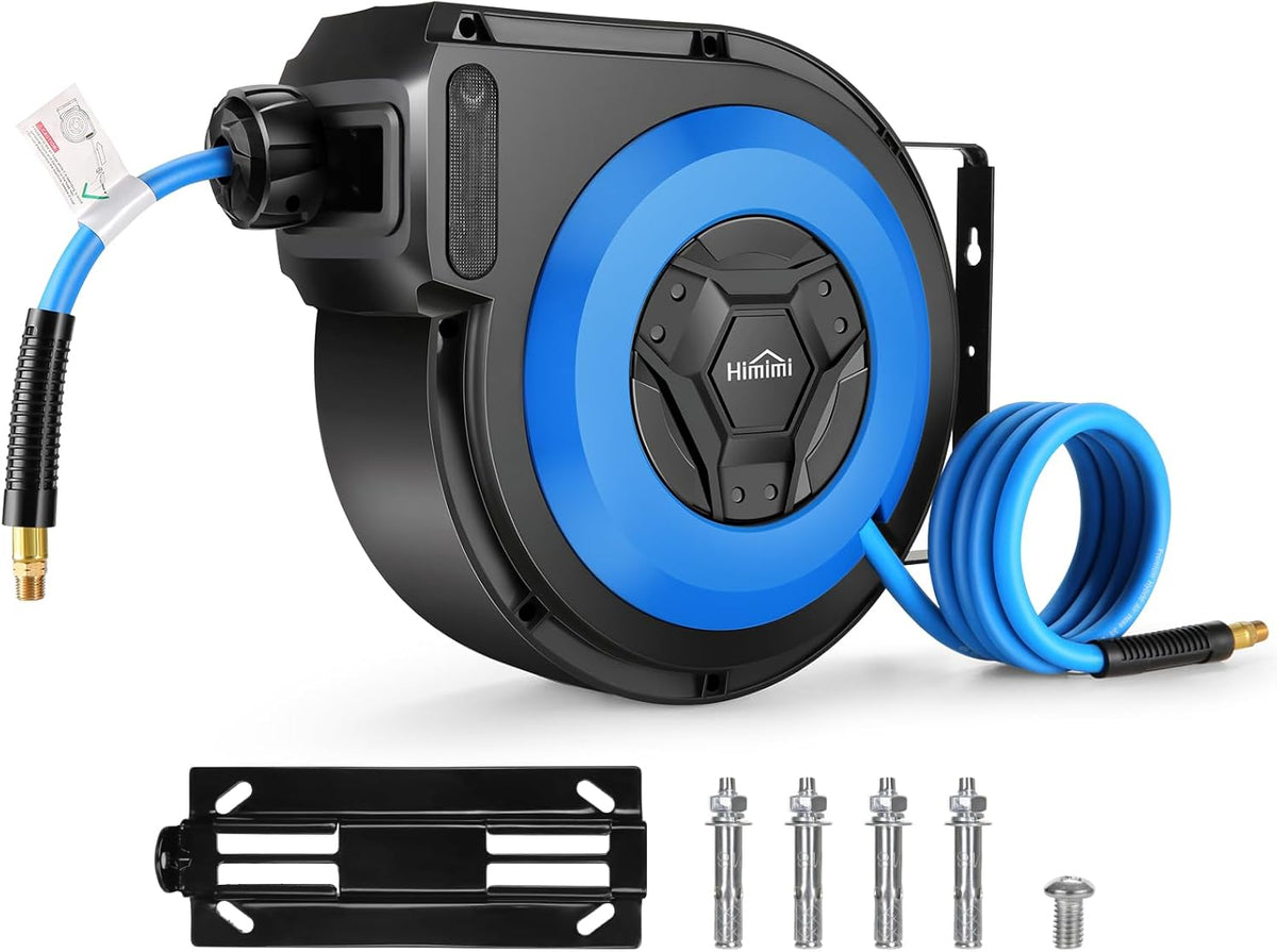 80FT + 6.5FT Retractable Air Hose Reel, Wall Mount Pneumatic Hose Reel for Garage Workshop, Automatic Rewind, 3/8" x 80' Hybrid Air Hose with Brass Fittings + Bend Restrictors, 300PSI