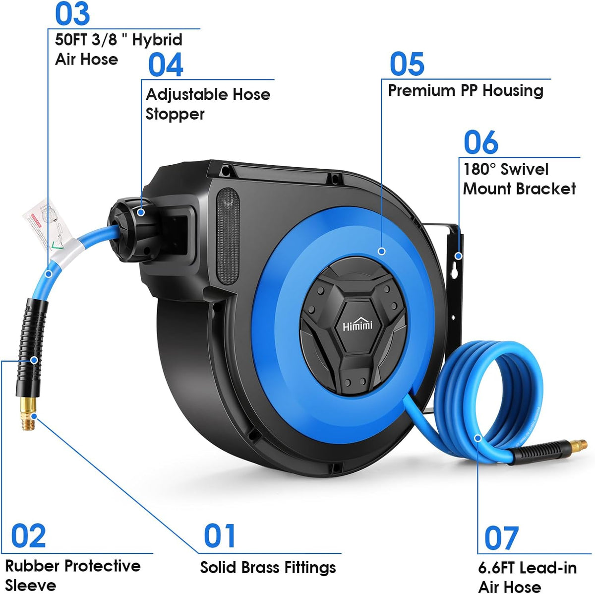 80FT + 6.5FT Retractable Air Hose Reel, Wall Mount Pneumatic Hose Reel for Garage Workshop, Automatic Rewind, 3/8" x 80' Hybrid Air Hose with Brass Fittings + Bend Restrictors, 300PSI
