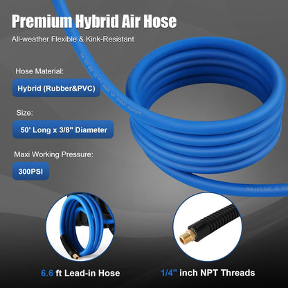 80FT + 6.5FT Retractable Air Hose Reel, Wall Mount Pneumatic Hose Reel for Garage Workshop, Automatic Rewind, 3/8" x 80' Hybrid Air Hose with Brass Fittings + Bend Restrictors, 300PSI