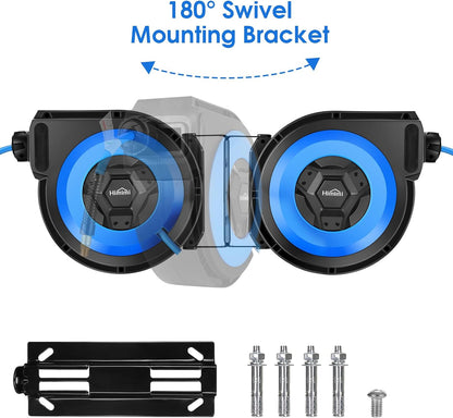 80FT + 6.5FT Retractable Air Hose Reel, Wall Mount Pneumatic Hose Reel for Garage Workshop, Automatic Rewind, 3/8" x 80' Hybrid Air Hose with Brass Fittings + Bend Restrictors, 300PSI
