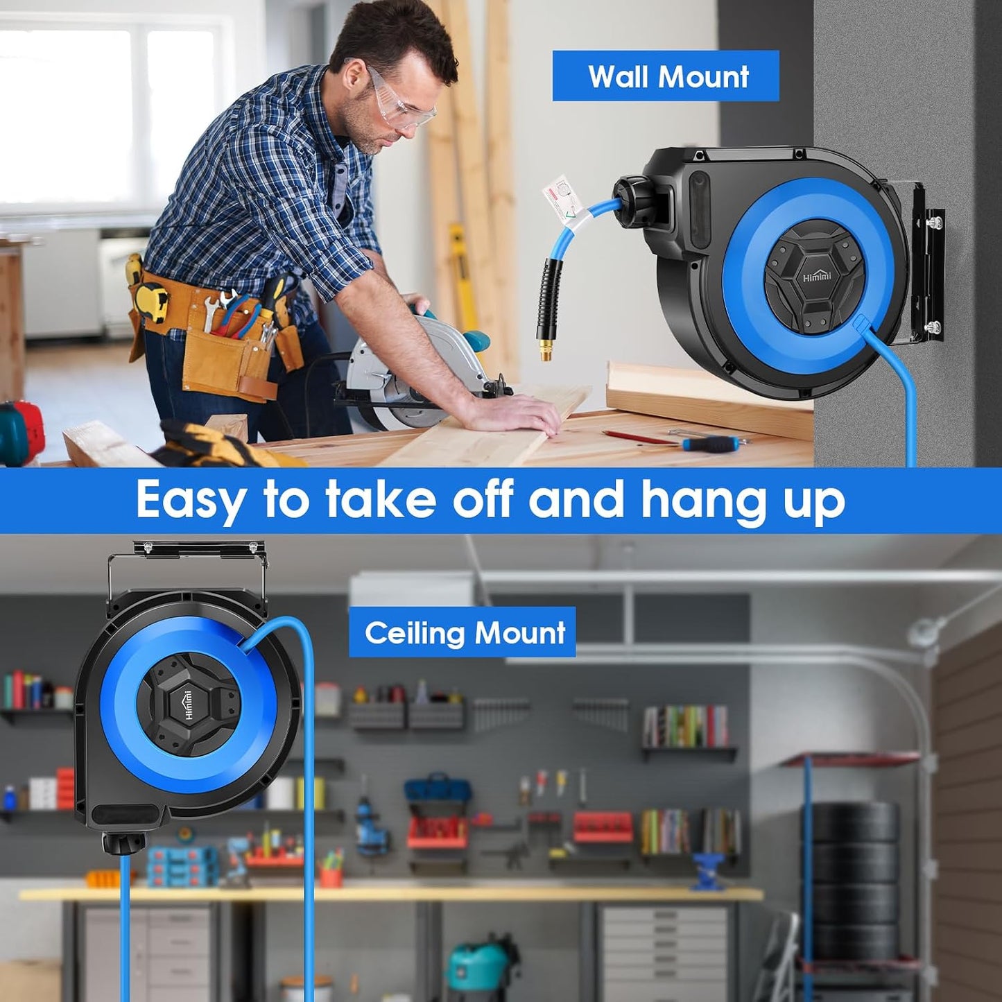 80FT + 6.5FT Retractable Air Hose Reel, Wall Mount Pneumatic Hose Reel for Garage Workshop, Automatic Rewind, 3/8" x 80' Hybrid Air Hose with Brass Fittings + Bend Restrictors, 300PSI