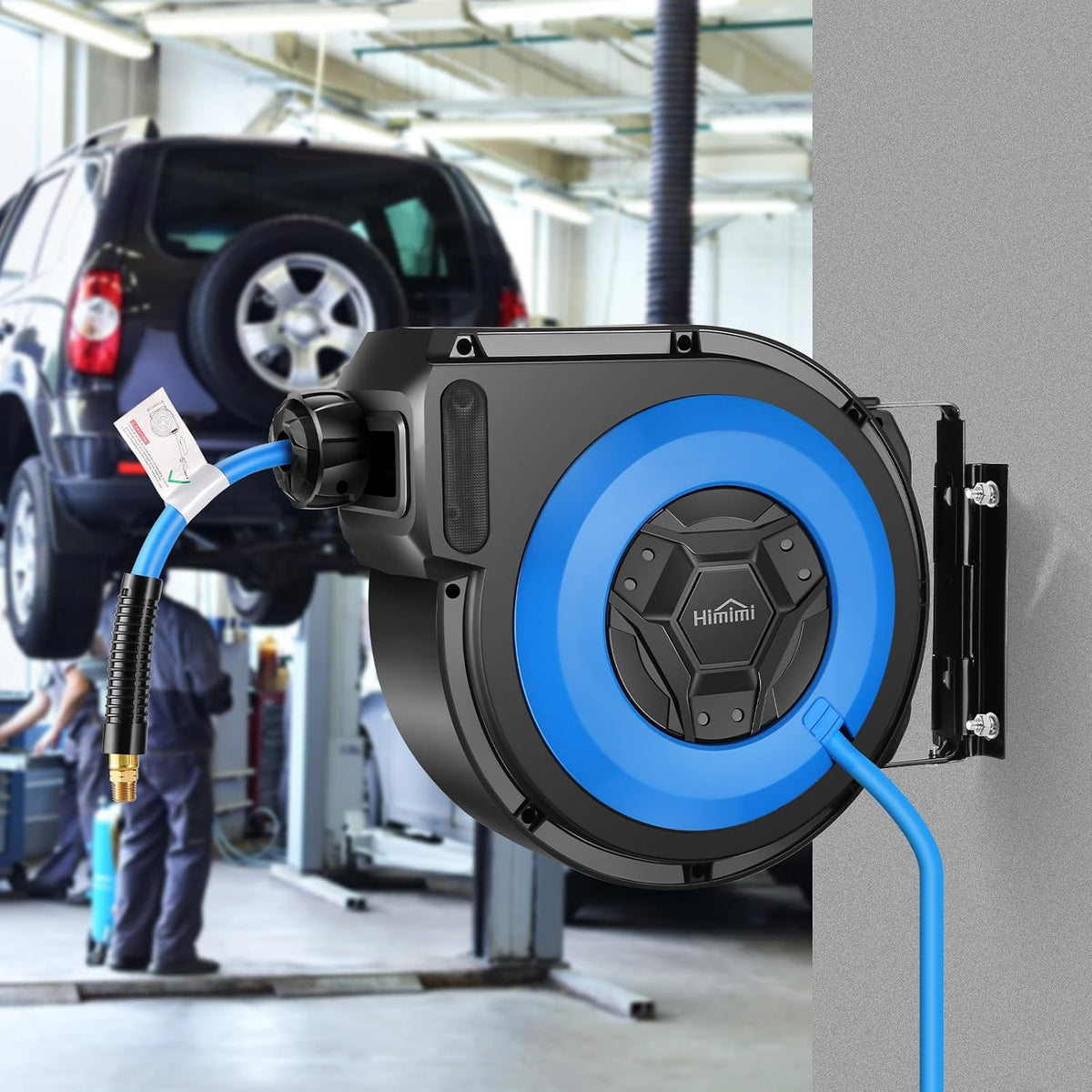 80FT + 6.5FT Retractable Air Hose Reel, Wall Mount Pneumatic Hose Reel for Garage Workshop, Automatic Rewind, 3/8" x 80' Hybrid Air Hose with Brass Fittings + Bend Restrictors, 300PSI