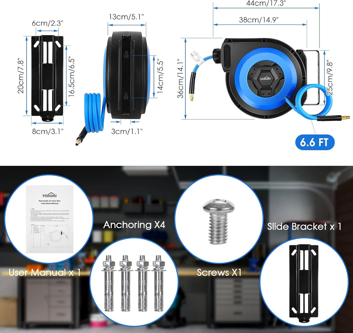 80FT + 6.5FT Retractable Air Hose Reel, Wall Mount Pneumatic Hose Reel for Garage Workshop, Automatic Rewind, 3/8" x 80' Hybrid Air Hose with Brass Fittings + Bend Restrictors, 300PSI