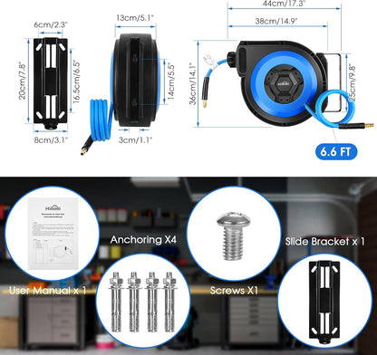80FT + 6.5FT Retractable Air Hose Reel, Wall Mount Pneumatic Hose Reel for Garage Workshop, Automatic Rewind, 3/8" x 80' Hybrid Air Hose with Brass Fittings + Bend Restrictors, 300PSI