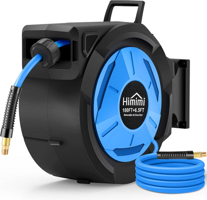 80FT + 6.5FT Retractable Air Hose Reel, Wall Mount Pneumatic Hose Reel for Garage Workshop, Automatic Rewind, 3/8" x 80' Hybrid Air Hose with Brass Fittings + Bend Restrictors, 300PSI