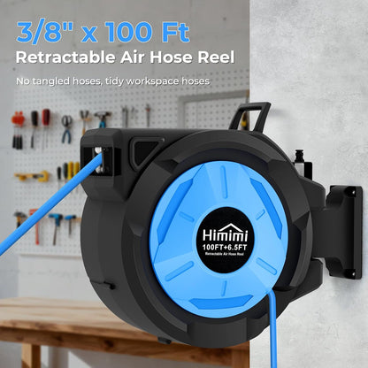 80FT + 6.5FT Retractable Air Hose Reel, Wall Mount Pneumatic Hose Reel for Garage Workshop, Automatic Rewind, 3/8" x 80' Hybrid Air Hose with Brass Fittings + Bend Restrictors, 300PSI