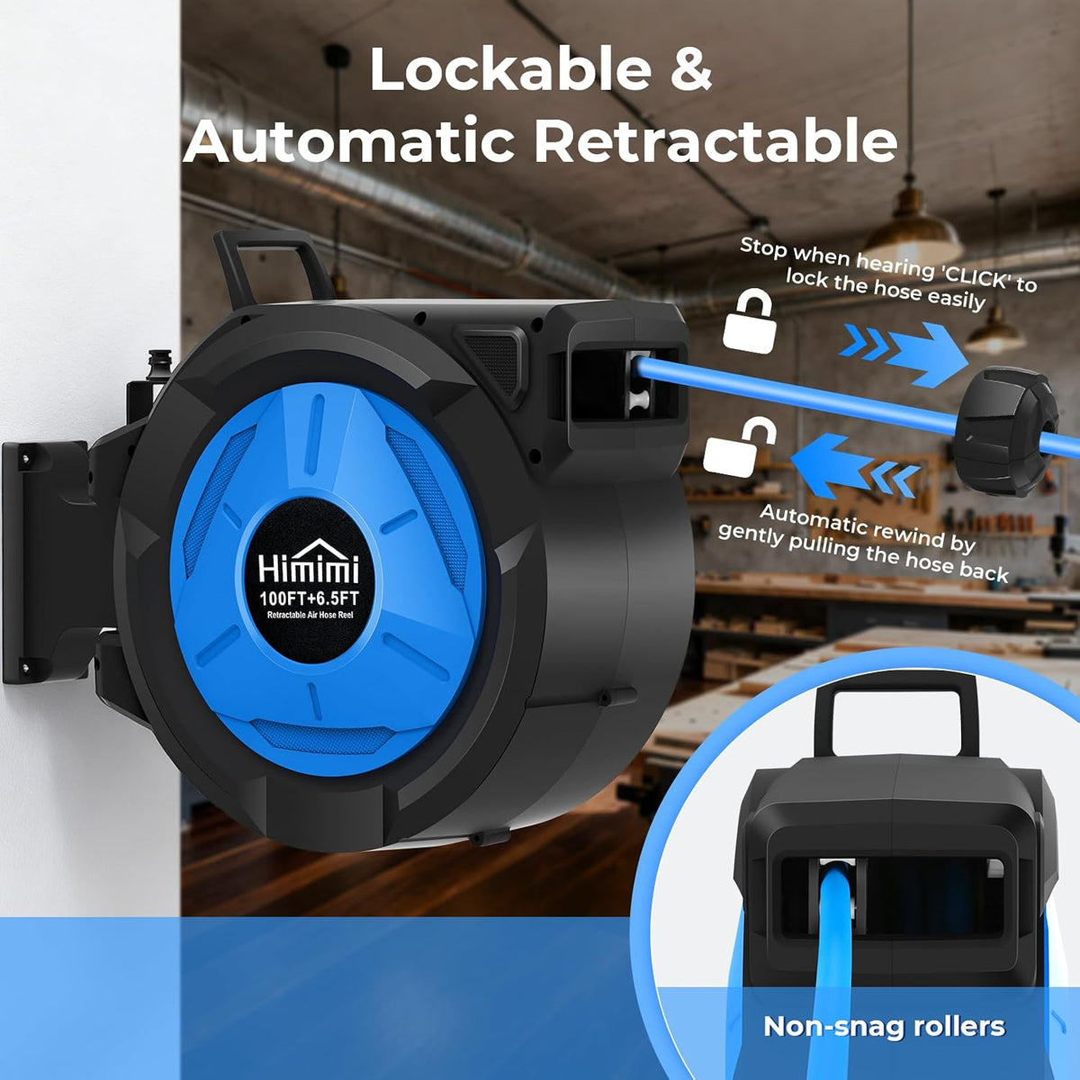 80FT + 6.5FT Retractable Air Hose Reel, Wall Mount Pneumatic Hose Reel for Garage Workshop, Automatic Rewind, 3/8" x 80' Hybrid Air Hose with Brass Fittings + Bend Restrictors, 300PSI
