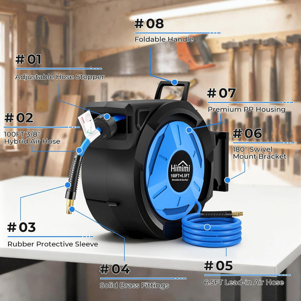 80FT + 6.5FT Retractable Air Hose Reel, Wall Mount Pneumatic Hose Reel for Garage Workshop, Automatic Rewind, 3/8" x 80' Hybrid Air Hose with Brass Fittings + Bend Restrictors, 300PSI
