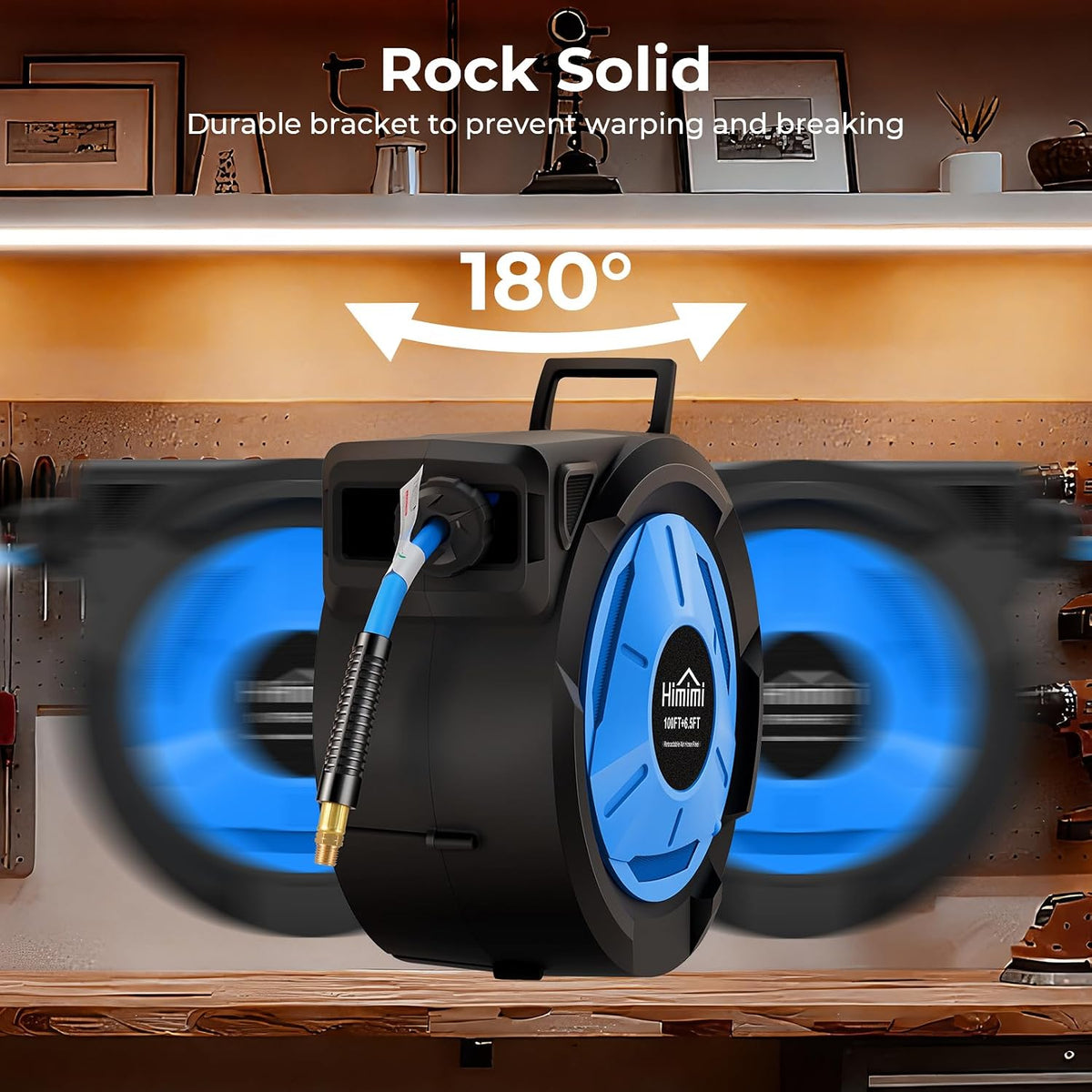 80FT + 6.5FT Retractable Air Hose Reel, Wall Mount Pneumatic Hose Reel for Garage Workshop, Automatic Rewind, 3/8" x 80' Hybrid Air Hose with Brass Fittings + Bend Restrictors, 300PSI