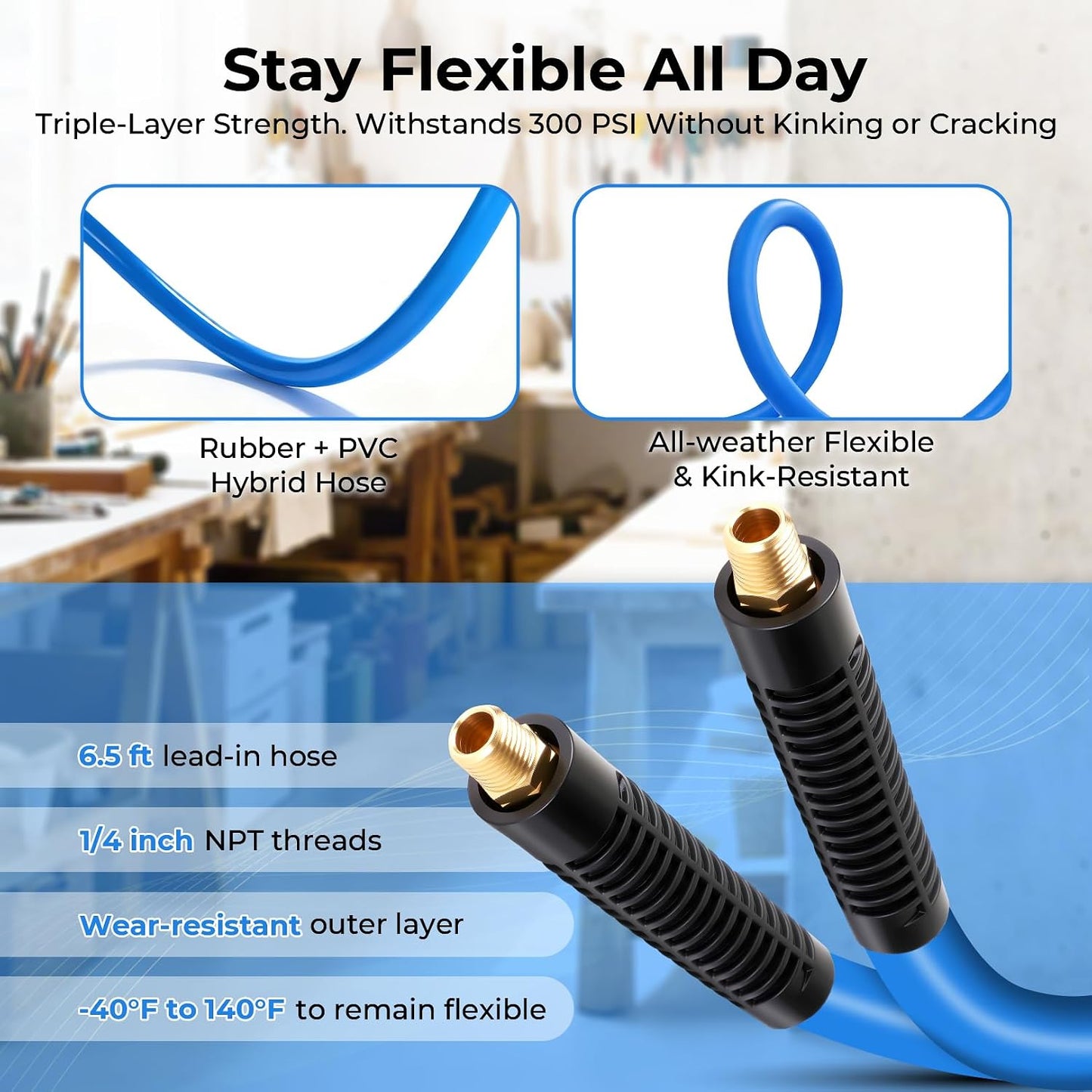 80FT + 6.5FT Retractable Air Hose Reel, Wall Mount Pneumatic Hose Reel for Garage Workshop, Automatic Rewind, 3/8" x 80' Hybrid Air Hose with Brass Fittings + Bend Restrictors, 300PSI