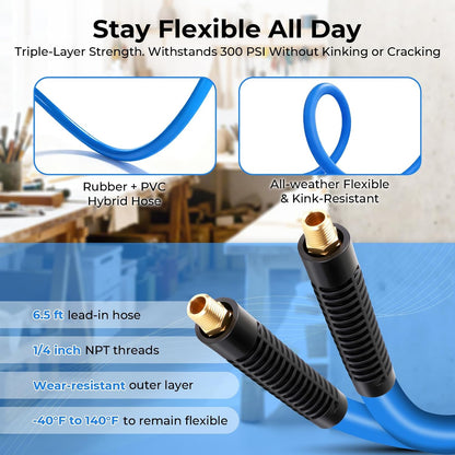 80FT + 6.5FT Retractable Air Hose Reel, Wall Mount Pneumatic Hose Reel for Garage Workshop, Automatic Rewind, 3/8" x 80' Hybrid Air Hose with Brass Fittings + Bend Restrictors, 300PSI