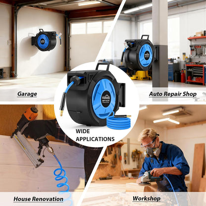 80FT + 6.5FT Retractable Air Hose Reel, Wall Mount Pneumatic Hose Reel for Garage Workshop, Automatic Rewind, 3/8" x 80' Hybrid Air Hose with Brass Fittings + Bend Restrictors, 300PSI