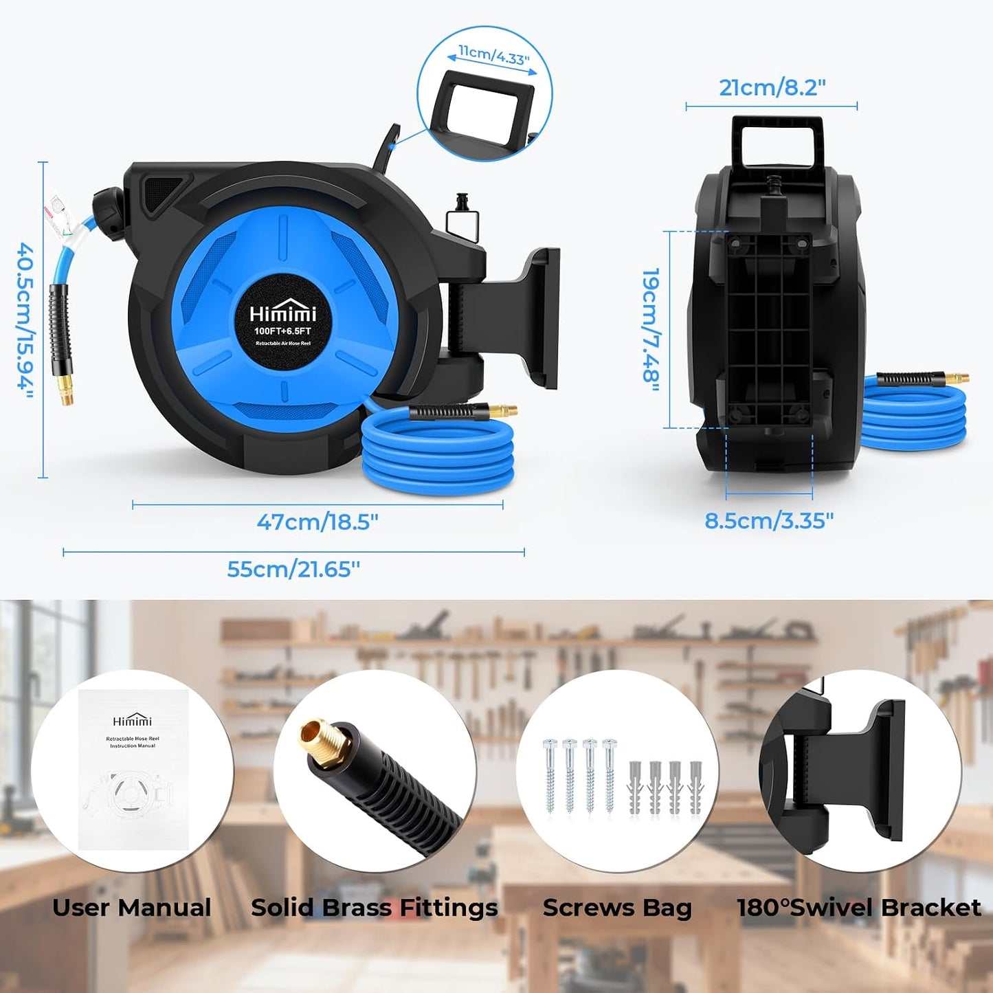 80FT + 6.5FT Retractable Air Hose Reel, Wall Mount Pneumatic Hose Reel for Garage Workshop, Automatic Rewind, 3/8" x 80' Hybrid Air Hose with Brass Fittings + Bend Restrictors, 300PSI