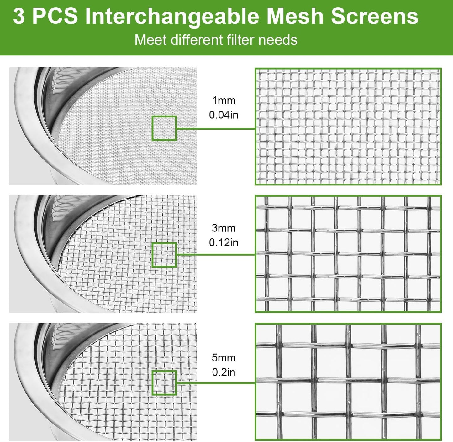 Soil Sieve Sifter Set Stainless Steel,Garden Sieve Set with 3 Interchangeable Mesh 1,3,5mm,Sifting Screen for Dirt, Sand, Rock, Filtration, Compost, with Soil Scoops Gardening Tool