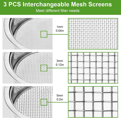 Soil Sieve Sifter Set Stainless Steel,Garden Sieve Set with 3 Interchangeable Mesh 1,3,5mm,Sifting Screen for Dirt, Sand, Rock, Filtration, Compost, with Soil Scoops Gardening Tool