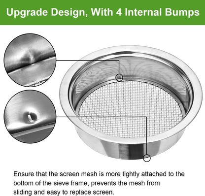 Soil Sieve Sifter Set Stainless Steel,Garden Sieve Set with 3 Interchangeable Mesh 1,3,5mm,Sifting Screen for Dirt, Sand, Rock, Filtration, Compost, with Soil Scoops Gardening Tool