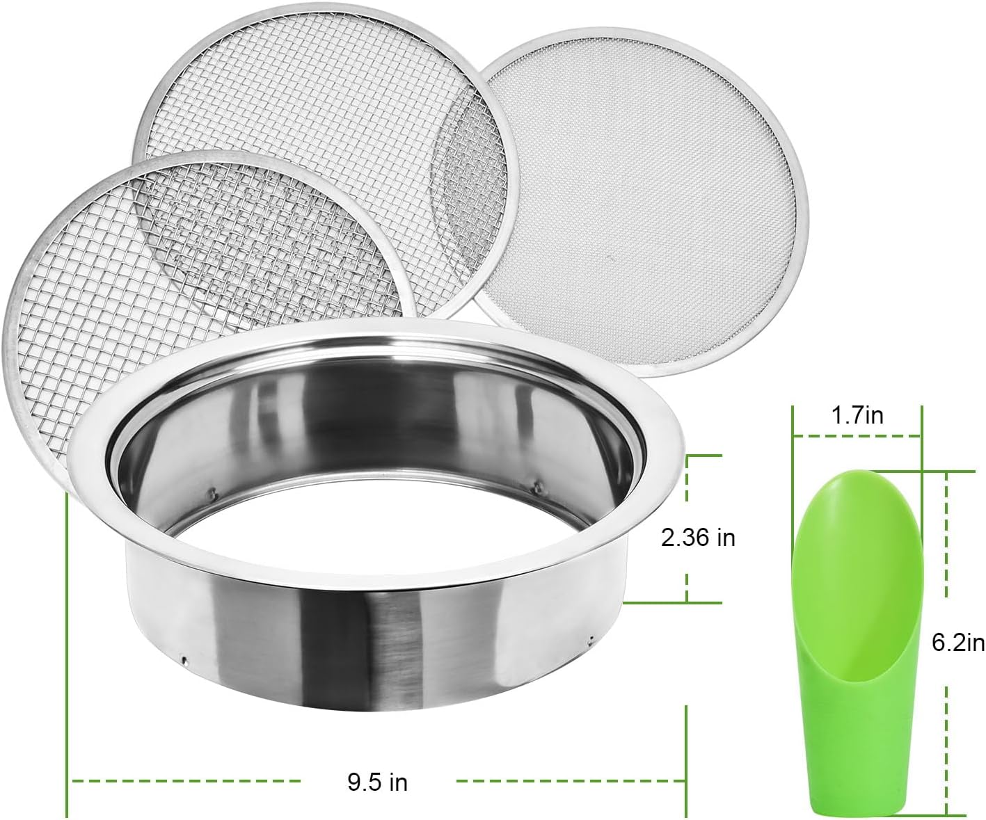 Soil Sieve Sifter Set Stainless Steel,Garden Sieve Set with 3 Interchangeable Mesh 1,3,5mm,Sifting Screen for Dirt, Sand, Rock, Filtration, Compost, with Soil Scoops Gardening Tool