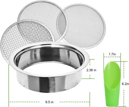 Soil Sieve Sifter Set Stainless Steel,Garden Sieve Set with 3 Interchangeable Mesh 1,3,5mm,Sifting Screen for Dirt, Sand, Rock, Filtration, Compost, with Soil Scoops Gardening Tool