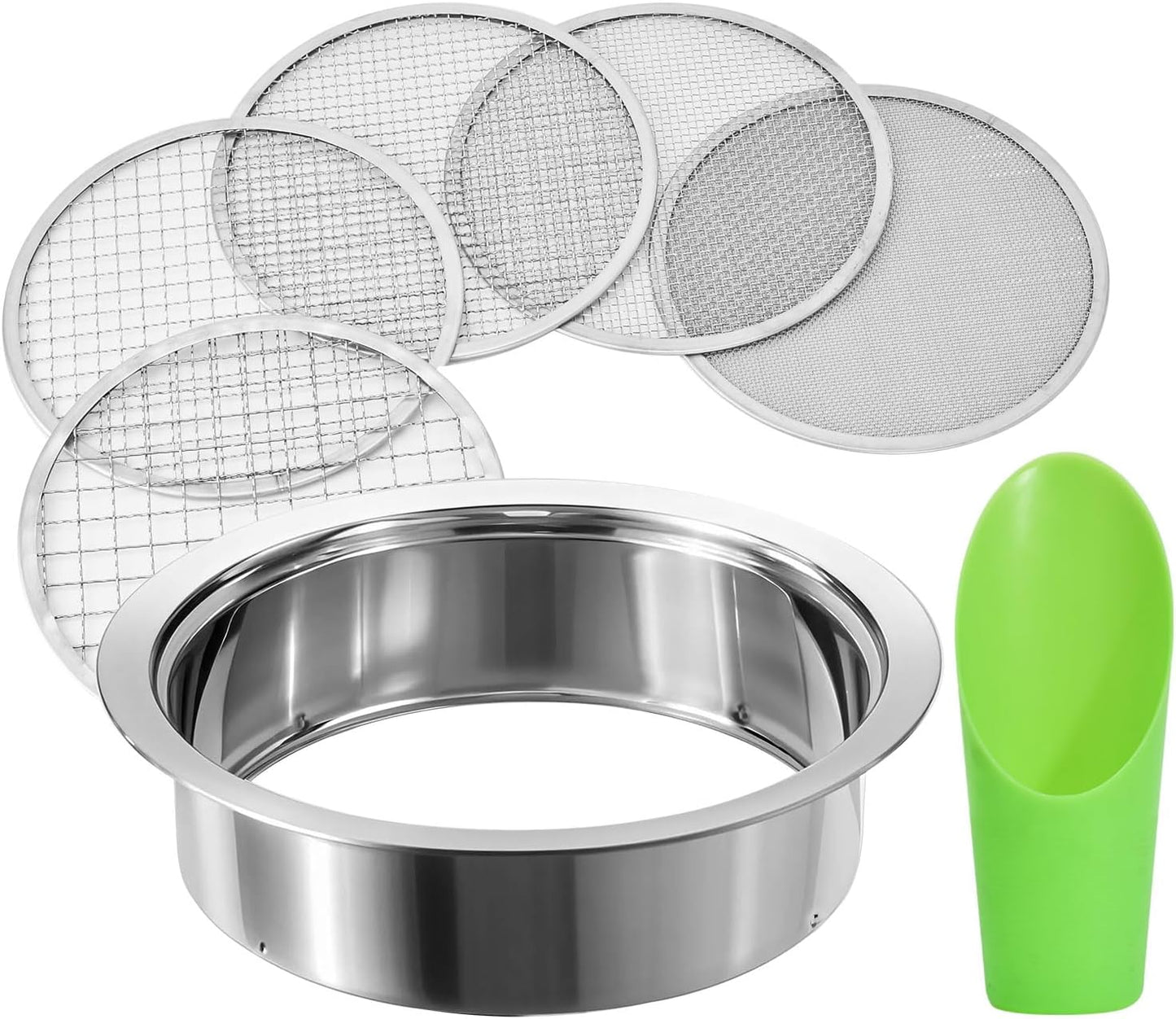 Soil Sieve Sifter Set Stainless Steel,Garden Sieve Set with 3 Interchangeable Mesh 1,3,5mm,Sifting Screen for Dirt, Sand, Rock, Filtration, Compost, with Soil Scoops Gardening Tool