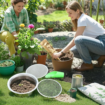Soil Sieve Sifter Set Stainless Steel,Garden Sieve Set with 3 Interchangeable Mesh 1,3,5mm,Sifting Screen for Dirt, Sand, Rock, Filtration, Compost, with Soil Scoops Gardening Tool