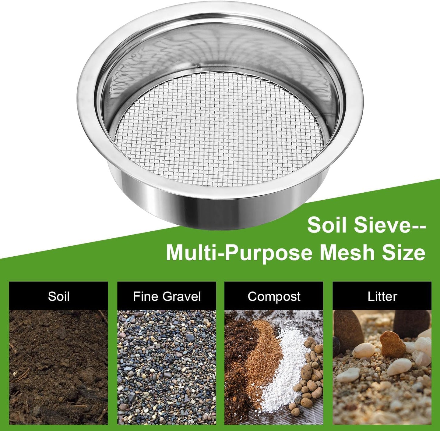 Soil Sieve Sifter Set Stainless Steel,Garden Sieve Set with 3 Interchangeable Mesh 1,3,5mm,Sifting Screen for Dirt, Sand, Rock, Filtration, Compost, with Soil Scoops Gardening Tool