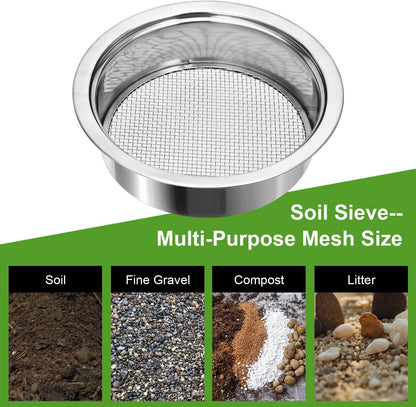 Soil Sieve Sifter Set Stainless Steel,Garden Sieve Set with 3 Interchangeable Mesh 1,3,5mm,Sifting Screen for Dirt, Sand, Rock, Filtration, Compost, with Soil Scoops Gardening Tool