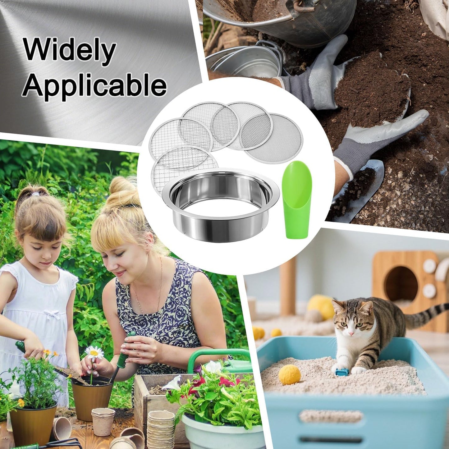 Soil Sieve Sifter Set Stainless Steel,Garden Sieve Set with 3 Interchangeable Mesh 1,3,5mm,Sifting Screen for Dirt, Sand, Rock, Filtration, Compost, with Soil Scoops Gardening Tool