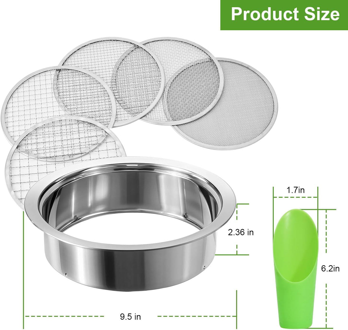 Soil Sieve Sifter Set Stainless Steel,Garden Sieve Set with 3 Interchangeable Mesh 1,3,5mm,Sifting Screen for Dirt, Sand, Rock, Filtration, Compost, with Soil Scoops Gardening Tool