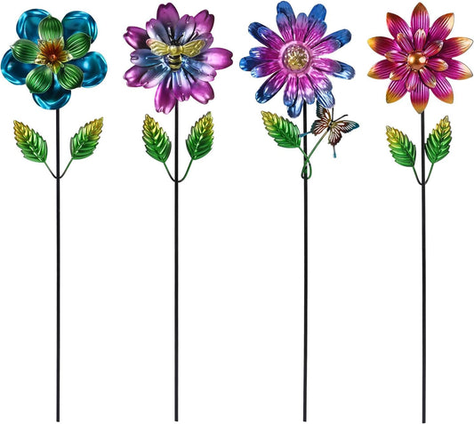 Metal Flower Garden Stakes for Outside, 4 Pack Flower Garden Decor with Shaking Head for Yard Porch Lawn Pathway, Multi-Color