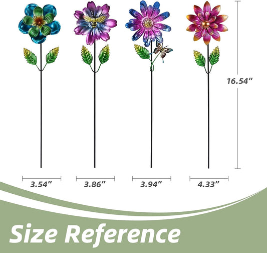 Metal Flower Garden Stakes for Outside, 4 Pack Flower Garden Decor with Shaking Head for Yard Porch Lawn Pathway, Multi-Color