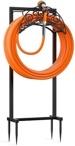 Garden Hose Holder for Outside, Upgraded Freestanding Water Hose Holder with 4 Spikes, Heavy Duty rustproof Metal Garden Hose Storage Stand for Outside, Black