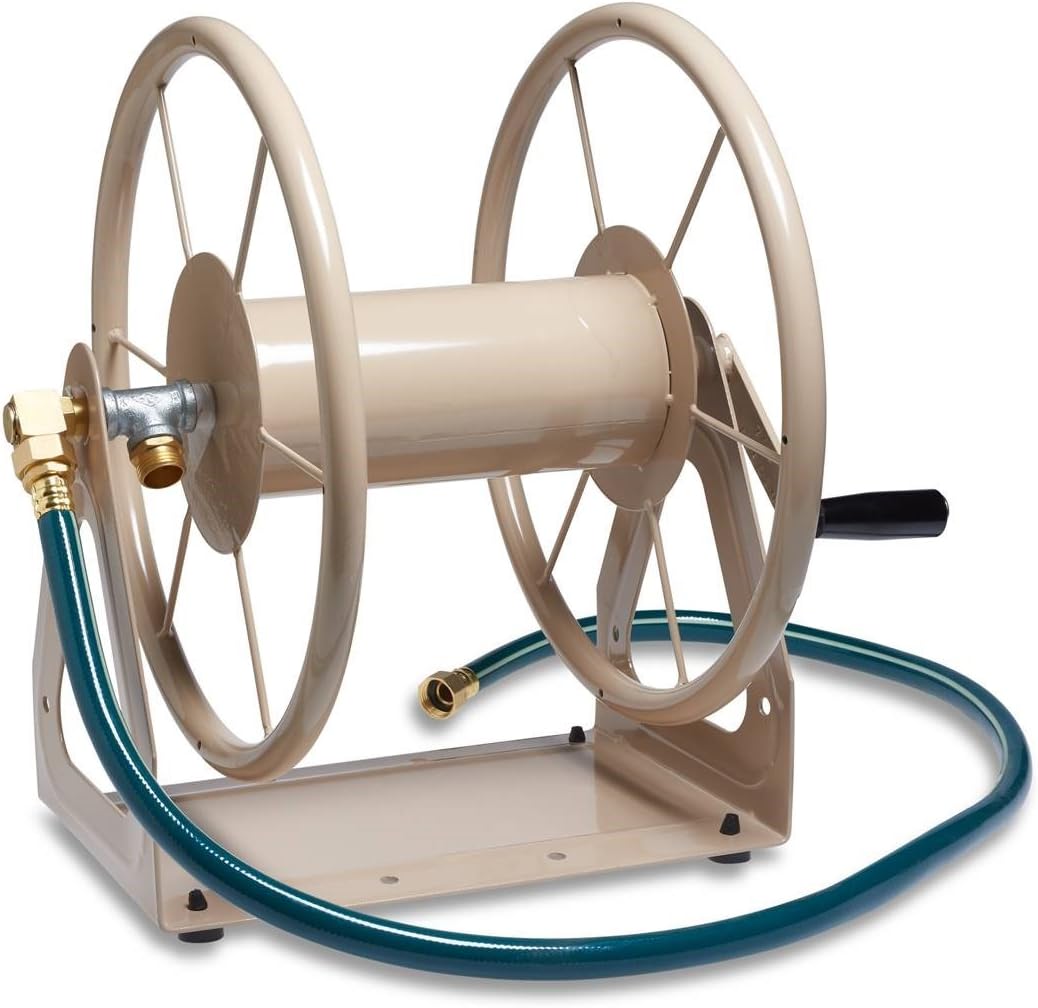 693 Free Standing Garden Hose Stand With Brass Faucet, Holds 150-Feet of 5/8-Inch Hose - Tan