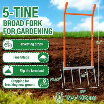 Broadfork 5-Tine Broad Fork for Gardening Ergonomic U-Shaped Design